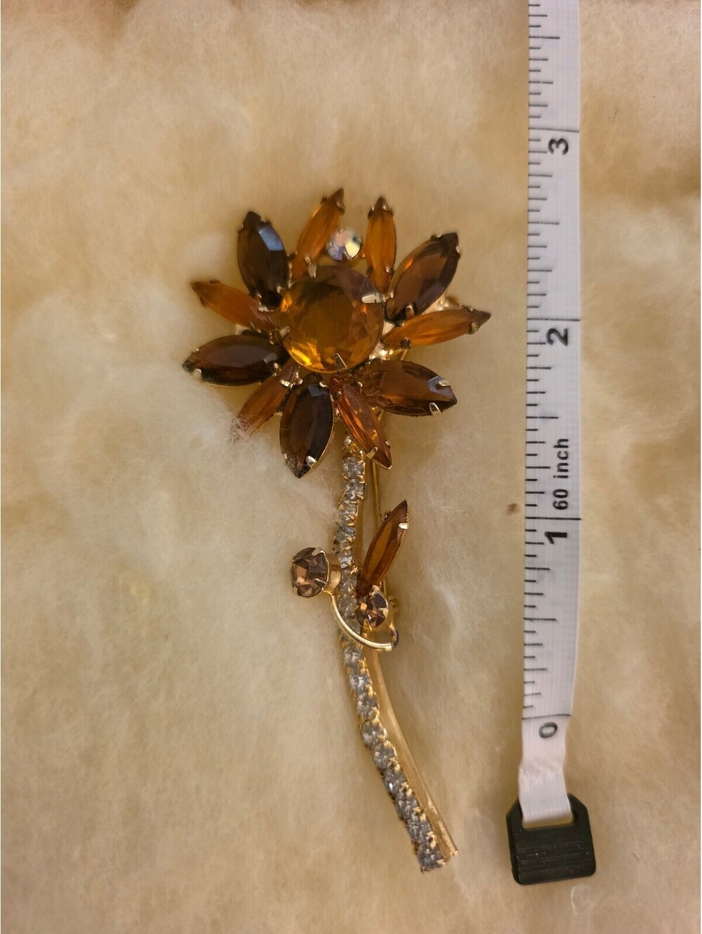 Vintage Gold Tone Brown Crystal Flower Brooch Pin